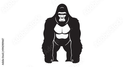A strong gorilla standing upright showing its muscular chest and powerful stance in a bold black and white graphic.