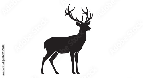 Majestic stag silhouette with large antlers stands proudly facing left against a stark white backdrop for design projects.
