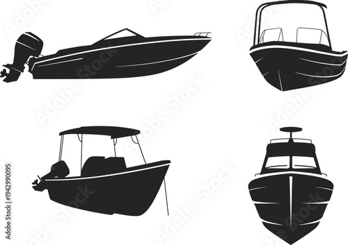 Motorboat and speedboat silhouettes set different views marine transport watercraft vector illustration isolated nautical vehicle collection design