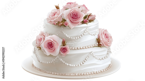 Beautiful white wedding cake with pink roses and pearls isolated on transparent background