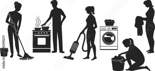 People doing household chores silhouettes cleaning cooking vacuuming laundry home maintenance daily routine lifestyle black vector illustration set