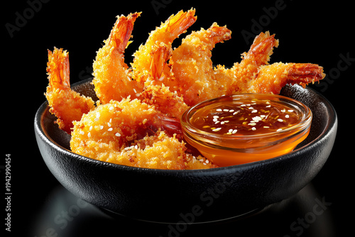 Deep fried shrimp arranged like sunray with sauce