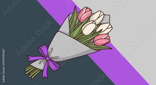A colorful bouquet of tulips wrapped in paper with a ribbon, featuring a modern flat design style