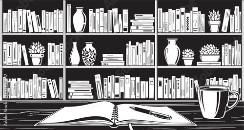 A black and white image of a bookshelf with an open book and a mug isolated on transparent background, Vector