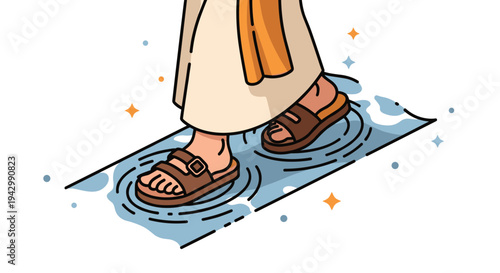 A person walking on a water-covered surface, illustrated in a colorful, modern style, perfect for travel themes