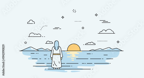 A serene illustration of a person gazing at a sunset over calm waters, featuring a minimalist style