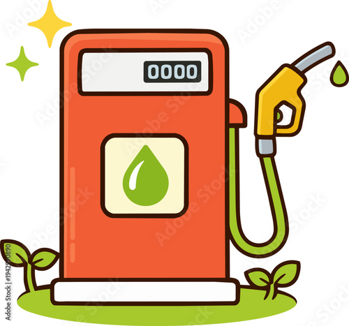 A friendly and cute gas pump illustration with eco-friendly features, ideal for energy, sustainability, and refueling themes.