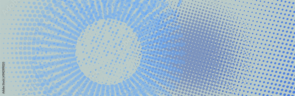 Fototapeta premium Modern horizontal background with abstract geometric shapes, halftone dots, and tech elements. Minimalist vector design for corporate web headers, digital marketing, and science presentations