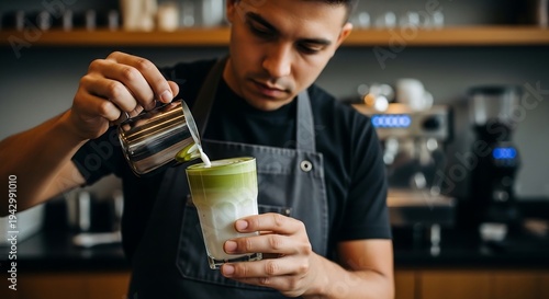 Male barista pouring oat milk into iced matcha espresso fusion, cinematic coffee photography, for modern café branding and premium beverage advertising