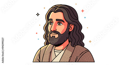 Illustration of a man with long hair and beard, featuring a modern flat design style with colorful accents