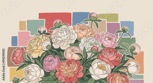 A vibrant bouquet of peonies in various colors, illustrated in a modern, flat style against a colorful geometric background