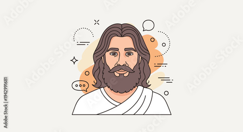 Illustration of a thoughtful figure with long hair and a robe, featuring a minimalist style and abstract elements