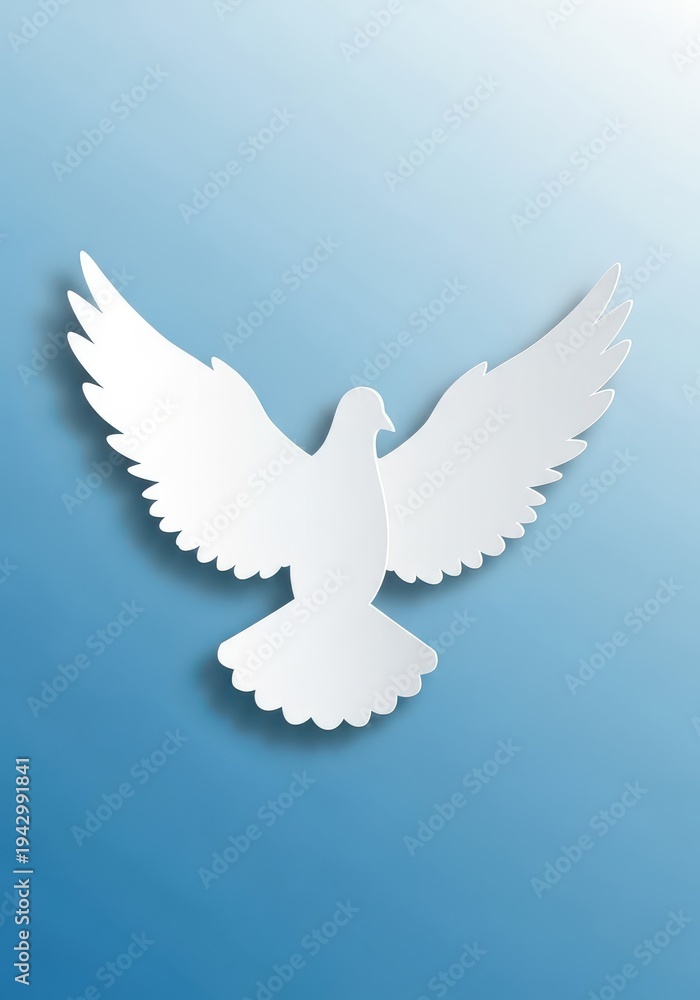 Fototapeta premium Stylized white bird cutout descends against a gradient blue background emphasizing freedom and serenity