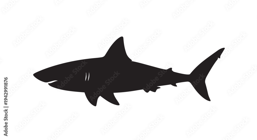 Fototapeta premium A stark black silhouette of a great white shark swims horizontally against a pure white backdrop for conceptual use.