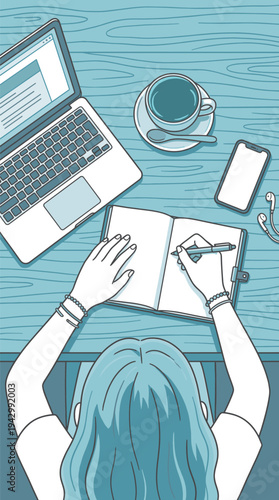 俯瞰視点のデスクワークイラスト｜ノートを書く女性とノートパソコン・スマートフォン