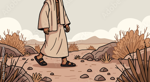 A figure walking through a desert landscape, illustrated in a minimalist, modern style, ideal for storytelling