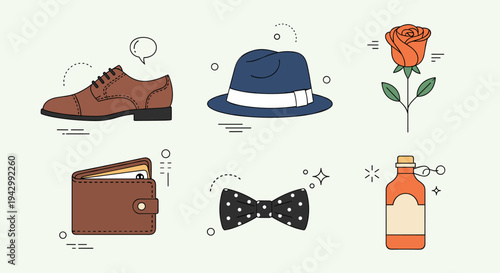 A collection of stylish accessories including shoes, a hat, a wallet, a bow tie, a rose, and a bottle, illustrated in a modern flat style