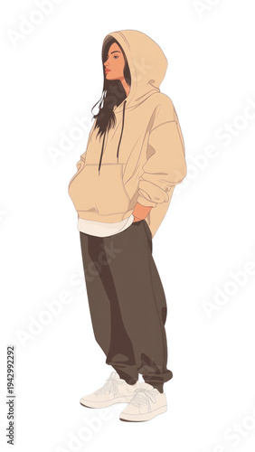 PNG A woman wearing hoodie illustration sweatshirt streetwear.