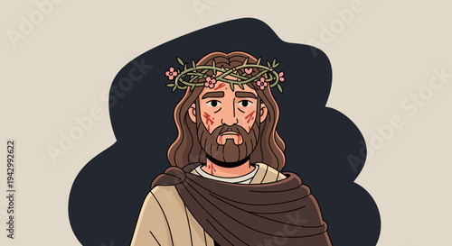 Illustration of a solemn figure with a crown of thorns, featuring a flat design style and muted colors