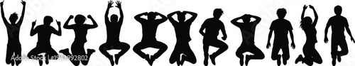 Silhouetted group of people jumping in joyful celebration, dynamic poses expressing happiness, freedom, vitality, teamwork, energy, youth, excitement, and movement against white background