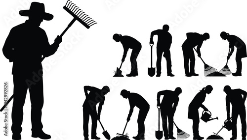 Silhouetted gardeners performing outdoor landscaping tasks, raking, shoveling, watering plants, teamwork in garden maintenance, manual labor, agriculture, farming, 