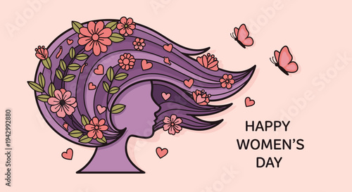 A vibrant illustration of a woman's silhouette adorned with flowers and butterflies, featuring a modern, flat style, perfect for Women's Day