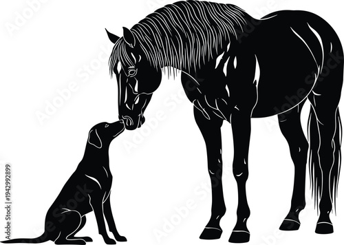Silhouette illustration of horse and dog interaction showing gentle companionship, affectionate bonding, and interspecies friendship, perfect for animal themes, pet designs, and stock art.