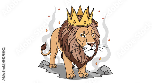 A majestic lion wearing a crown, depicted in a colorful, cartoonish style with smoke elements, ideal for creative projects
