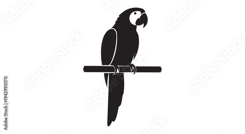 Black and white silhouette of a macaw parrot perched on a straight horizontal bar against a white background.