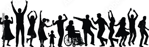 Inclusive silhouette illustration of diverse people dancing and celebrating together, featuring children, adults, and wheelchair user, symbolizing joy, unity, diversity, 