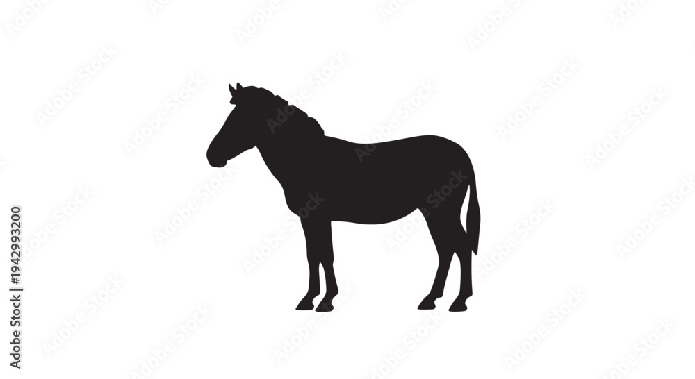 Obraz premium A dark silhouette of a sturdy horse or equine animal is displayed in profile on a solid white canvas for design.