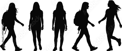 "Silhouette sequence of person walking with backpack, front and side view motion stages, casual clothing, human locomotion concept for biomechanics, animation, fitness, and motion analysis illustratio