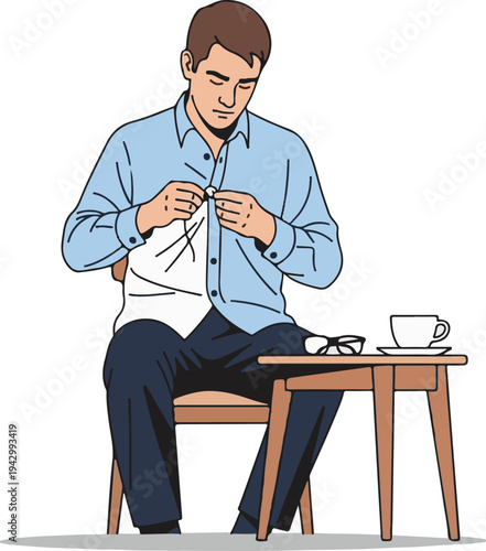 A man sitting on a chair sewing his shirt with a cup of coffee nearby