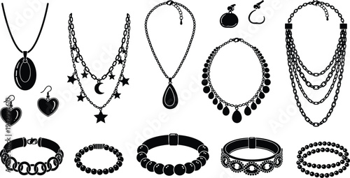 Collection of black jewelry silhouettes featuring necklaces, earrings, and bracelets, showcasing diverse fashion accessory designs for catalog or illustration use.