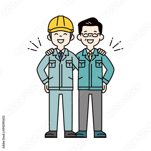 笑顔で肩を組む、作業服を着た現場監督と中小企業の社長・経営者の全身ベクターイラスト素材