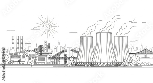 Industrial Factory Landscape with Smokestacks.