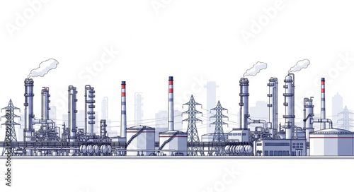 Industrial Factory Landscape with Smokestacks.