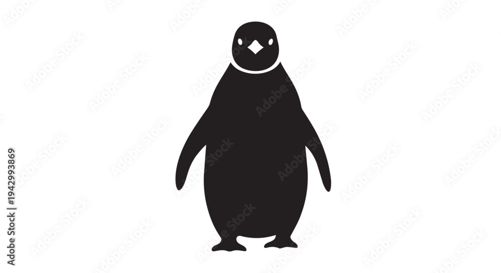 Obraz premium A front-facing, symmetrical black silhouette of an emperor penguin stands upright against a white backdrop.