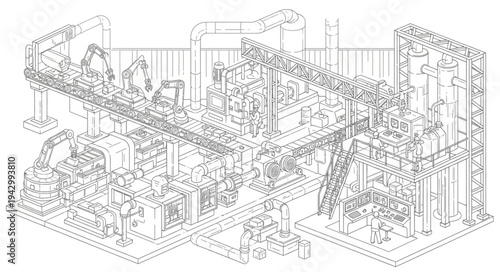 Industrial Factory Line Drawing Illustration.