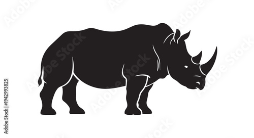Black silhouette graphic depicting a rhinoceros standing sideways with prominent horns against a white backdrop.