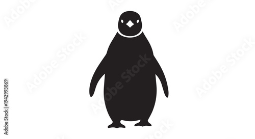 A front-facing, symmetrical black silhouette of an emperor penguin stands upright against a white backdrop.