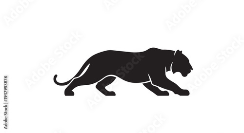 A powerful black panther silhouette stalks forward in a low, ready position across a plain white background.
