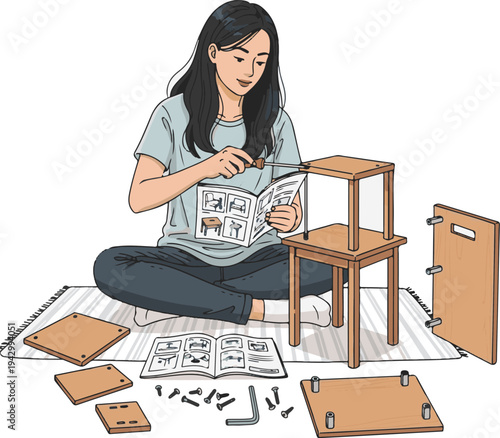 A young woman assembling furniture on the floor with instructions