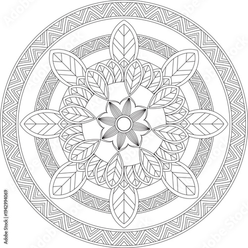 Zen Pattern Mandala Coloring Page Floral Design Circular Zenpattern Art with Leaves for Stress Relief Relaxation and Mindfulness Meditation Printable Black and White Art for Adults