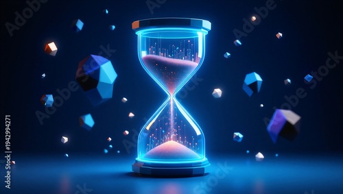 Neonlit hourglass with pink sand and floating geometric shapes on blue background  time concept