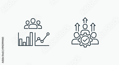 Team development and performance improvement icons with human figures and growth charts on white backdrop