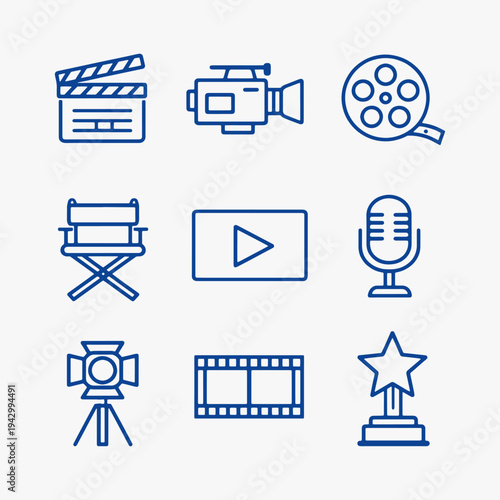 A set of film industry element icons focuses on simplicity, elegance, and ease of recognition. Vector Sign for Logos, Labels, and Icons.