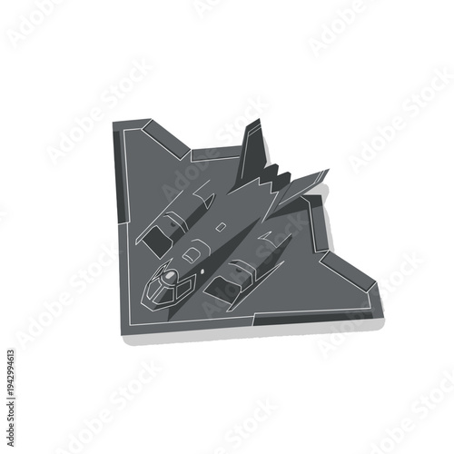 A gray-scale illustration of a stealth aircraft model with detailed design elements on a white background, showcasing its sleek and angular features in a high-contrast visual representation.