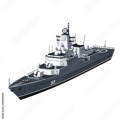 Detailed grayscale illustration of a modern warship with advanced weaponry and radar systems on a plain white background.
