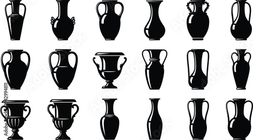 Collection of decorative vase silhouettes in diverse styles, classical pottery vector illustrations for art, design, history, and decoration projects